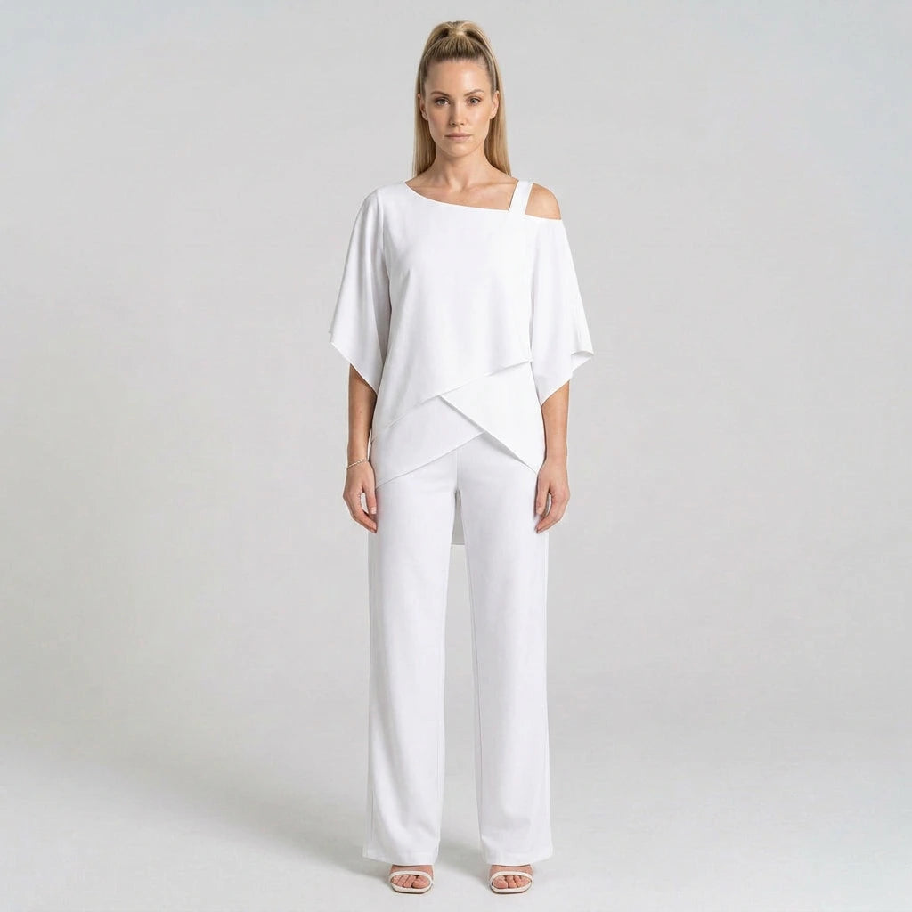 Women's white chiffon layered top and wide-leg pants set, model front view
