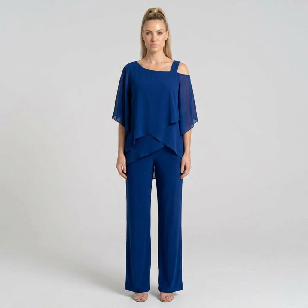 Women's blue chiffon layered top and wide-leg pants set, model front view