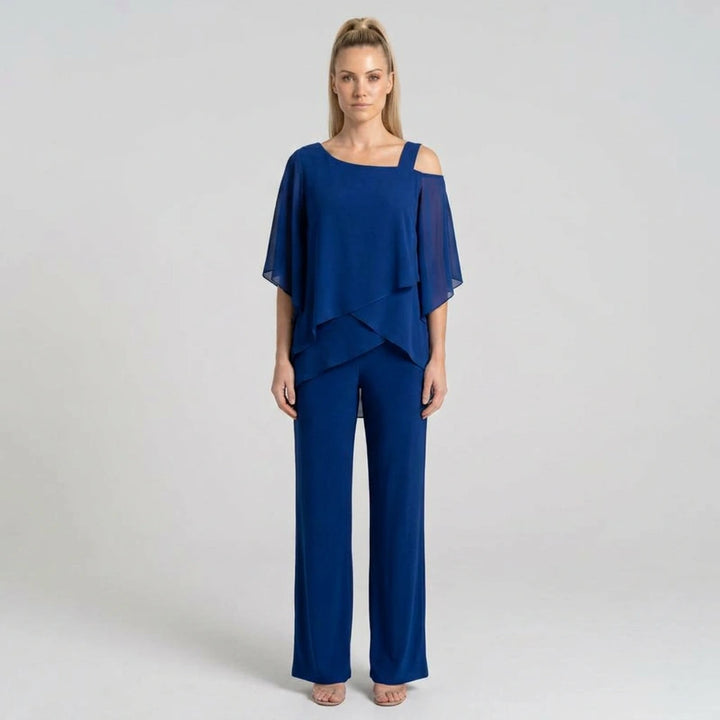 Women's blue chiffon layered top and wide-leg pants set, model front view