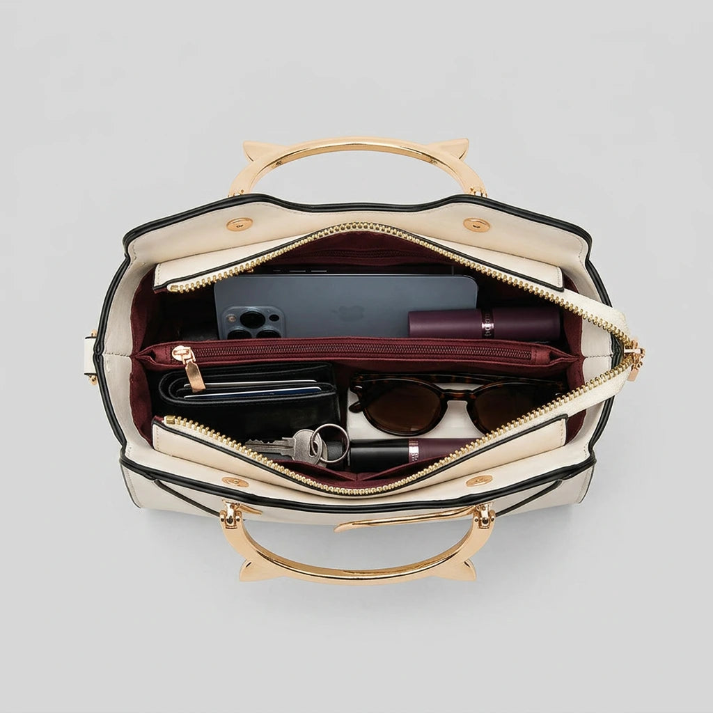 Flat lay of women's cat ear handbag — top view showing full exterior and removable strap