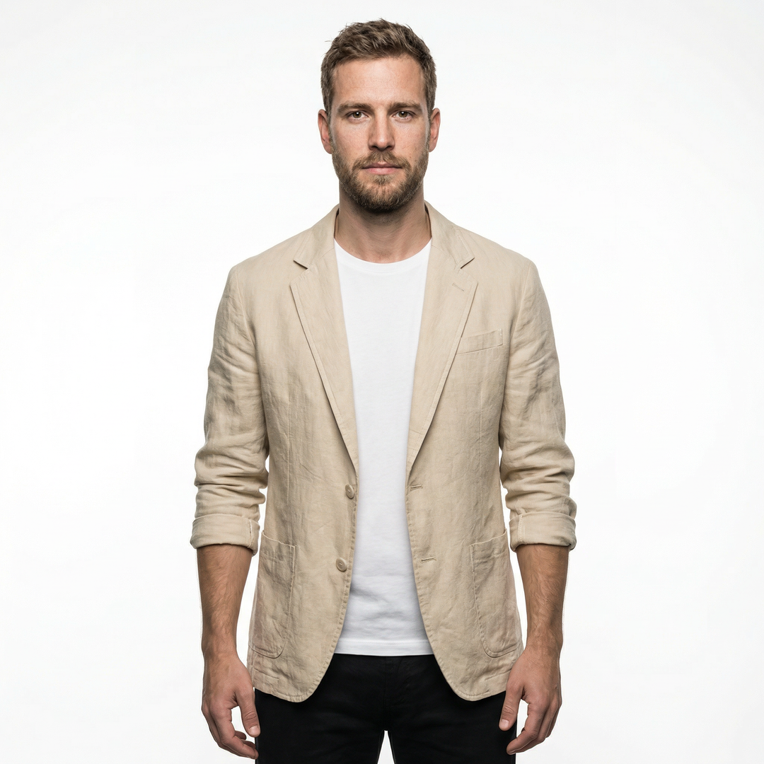Men's single-breasted linen blazer in khaki, notched collar, front view on model