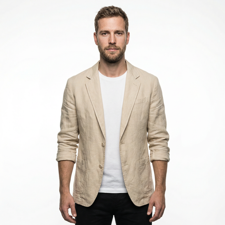Men's single-breasted linen blazer in khaki, notched collar, front view on model