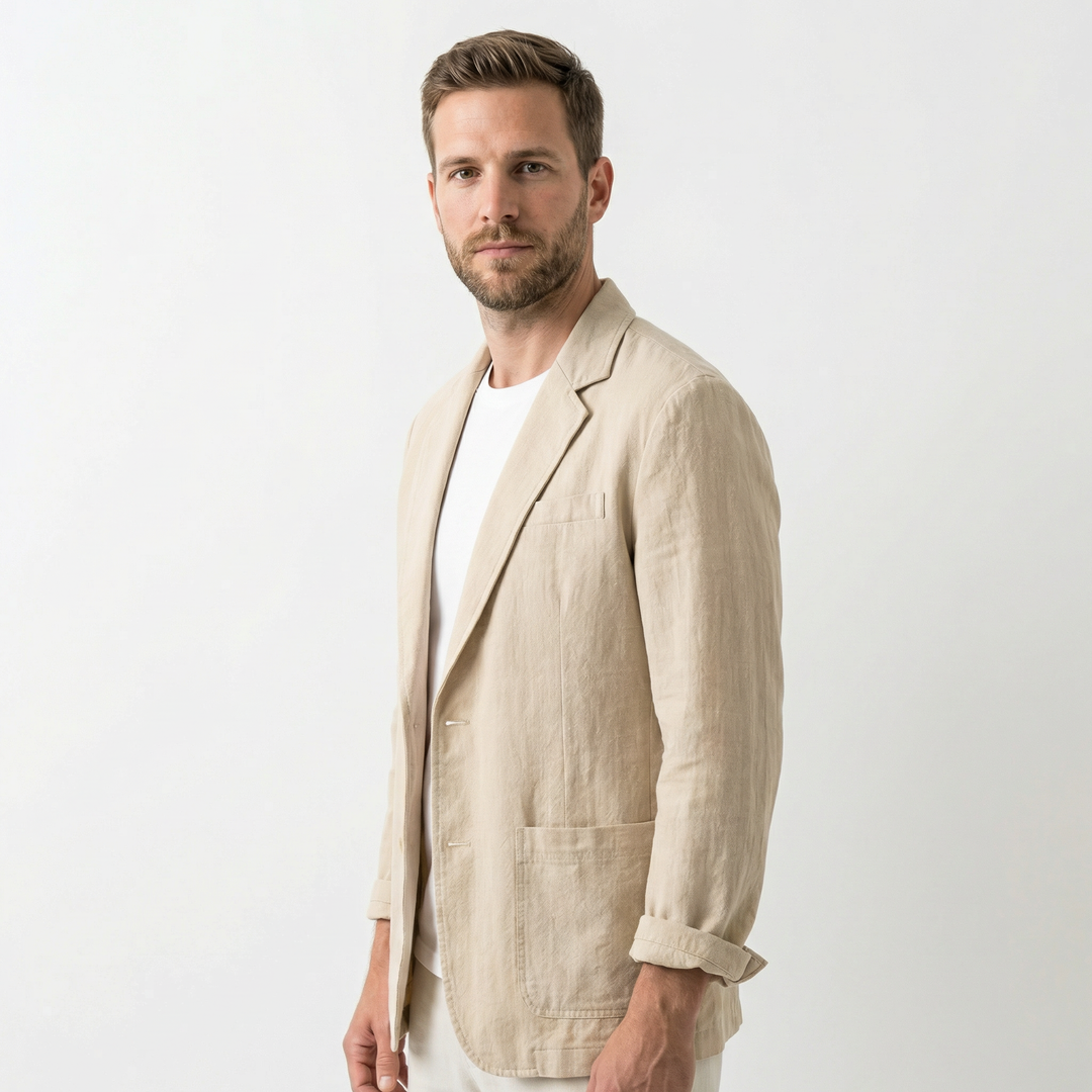 Men's linen summer blazer in khaki, back view on model