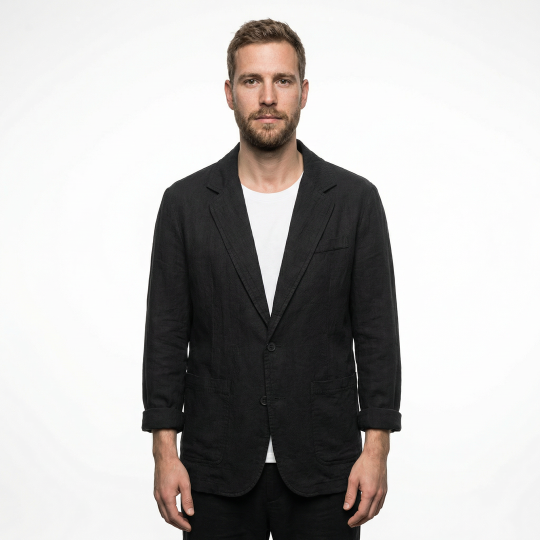 Men's linen blazer in black, single-breasted, front view on model