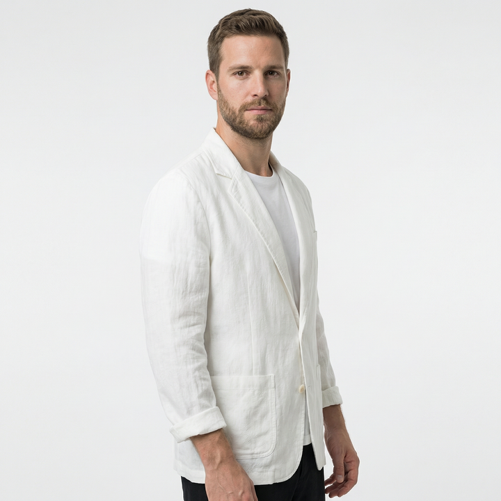 Men's white linen blazer, side view showing slim silhouette on model
