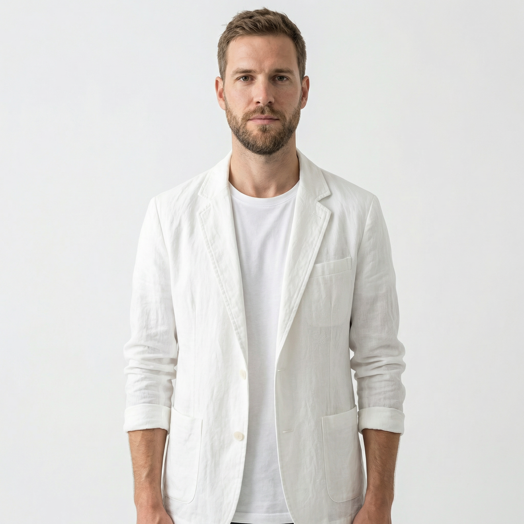 Men's linen blazer in white, single-breasted, front view on model