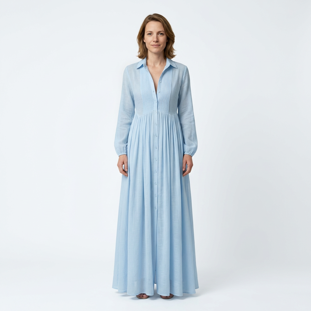 Light blue maxi dress with shirt collar, pintuck bodice and flowing A-line skirt, front view