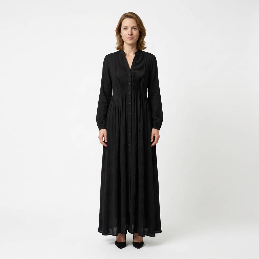 Black maxi dress with stand collar, pintuck bodice and button front, front view