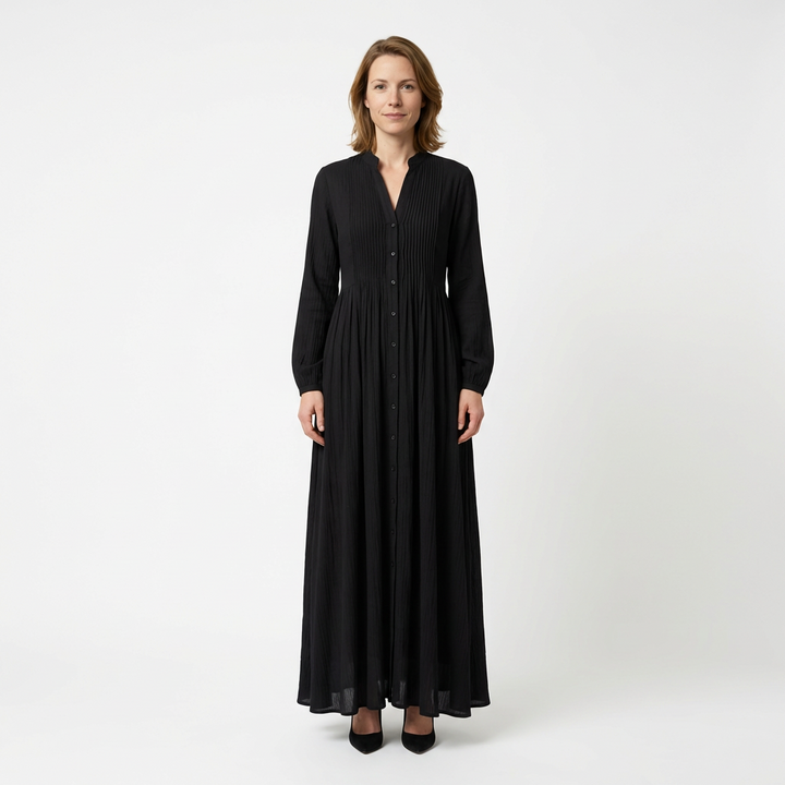 Black maxi dress with stand collar, pintuck bodice and button front, front view