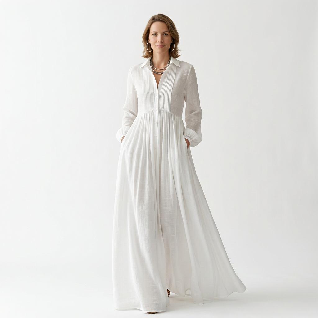 White maxi dress with shirt collar, pintuck bodice and flowing A-line skirt, front view