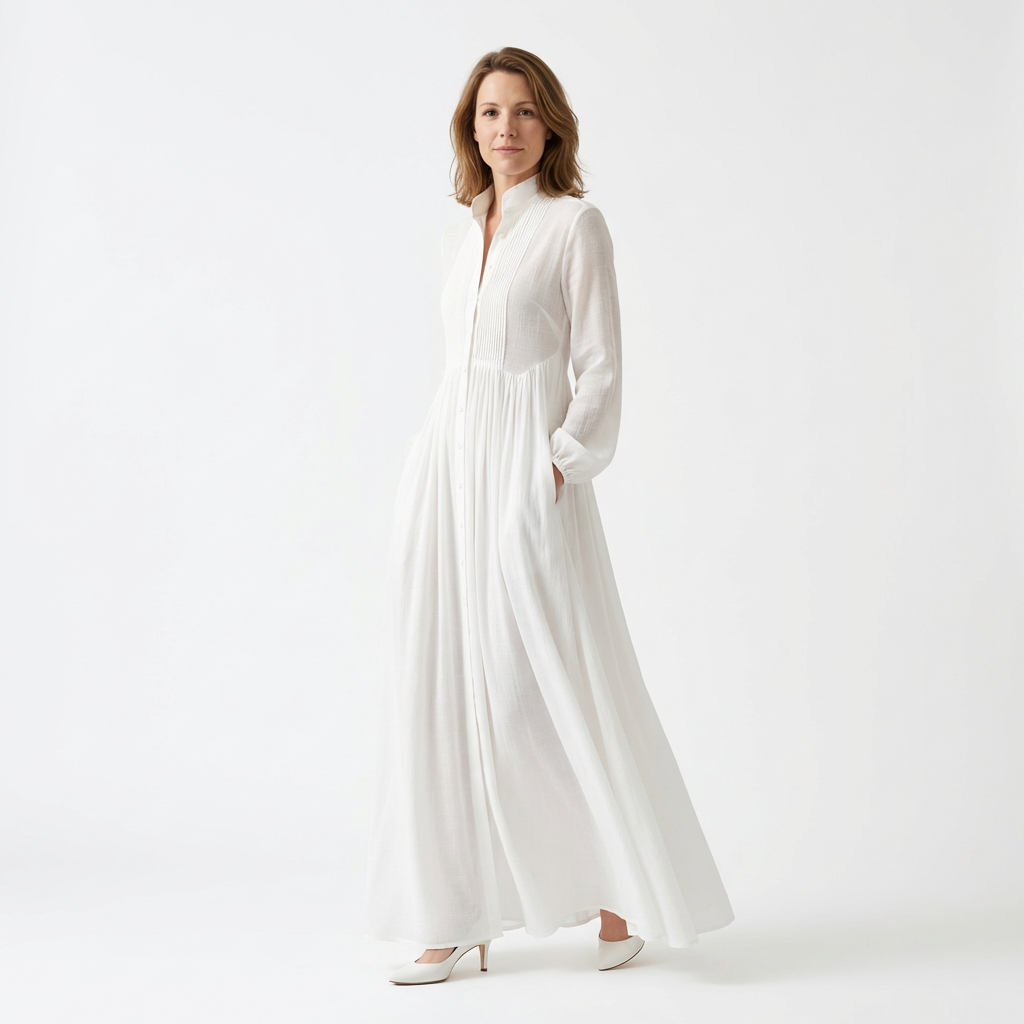 White maxi dress with stand collar and pintuck pleating, three-quarter view