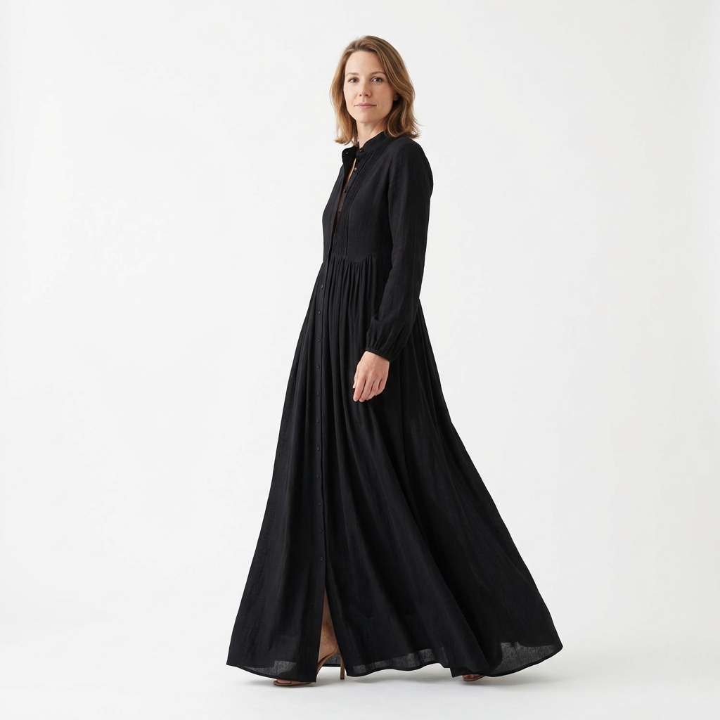 Black maxi dress with stand collar and flowing A-line skirt in motion, three-quarter view