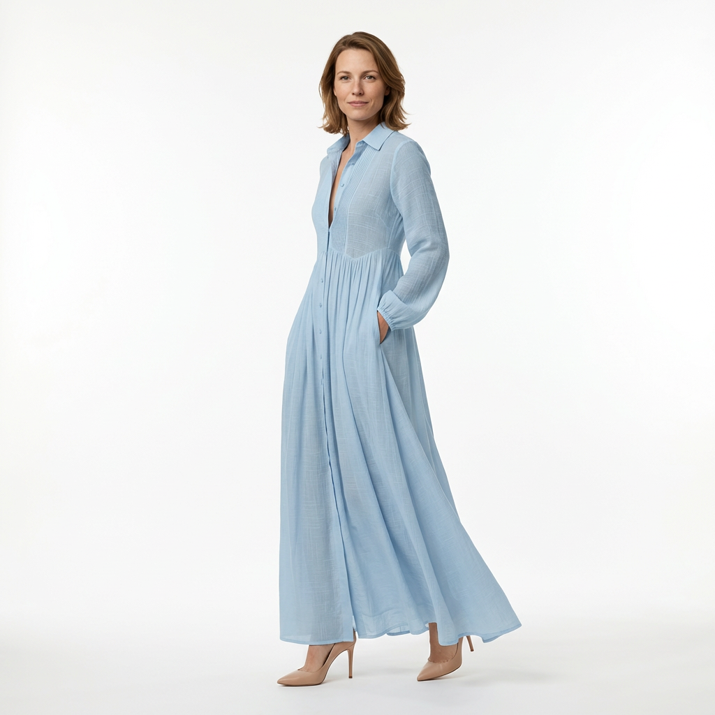 Light blue maxi dress with shirt collar and side pocket, three-quarter view