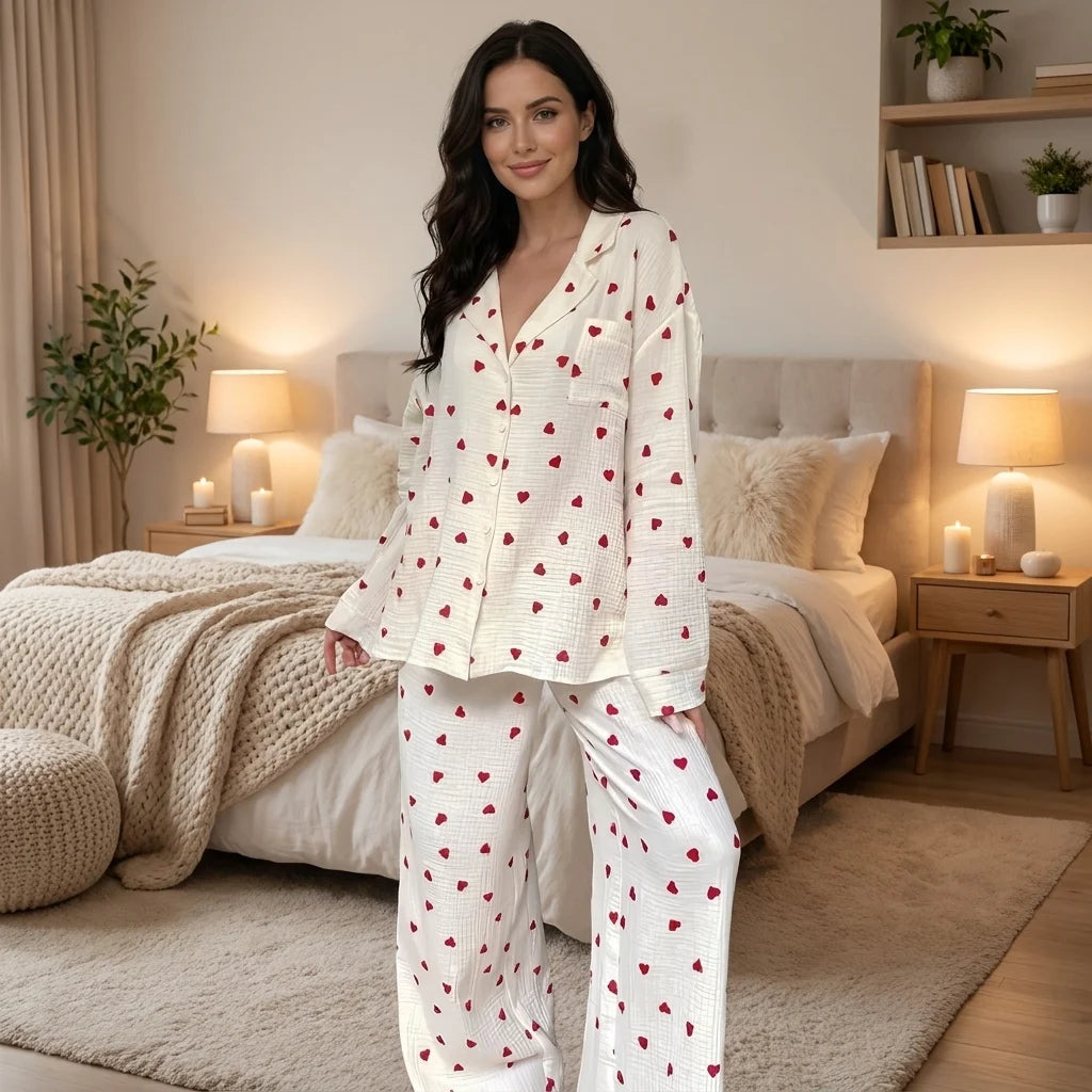 Women's Pajama Set | Long Sleeve Button-Down with Heart Print