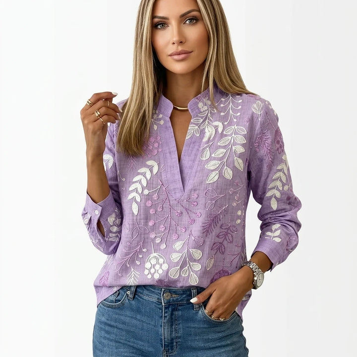 Women's floral print blouse with V-split neckline and long sleeves, lavender, front view
