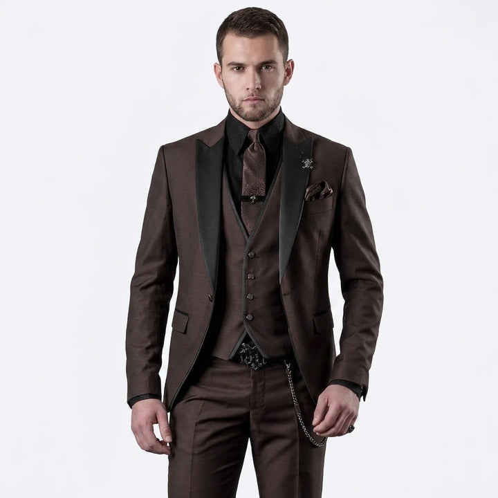 Men's 3-piece suit, slim fit, dark brown with black satin lapels, front model view
