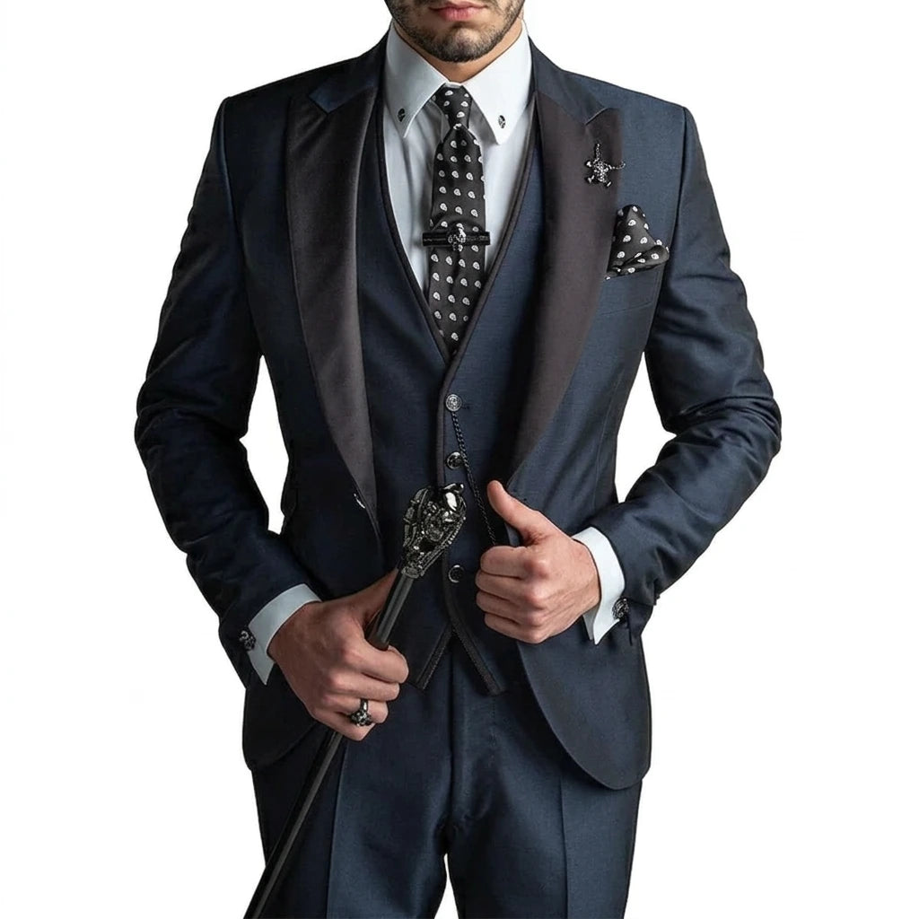 Men's 3-piece suit torso close-up, navy blue blazer with charcoal vest and satin lapels