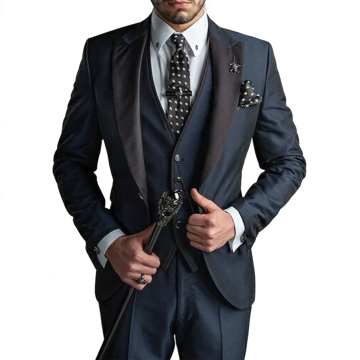Men's 3-piece suit torso close-up, navy blue blazer with charcoal vest and satin lapels