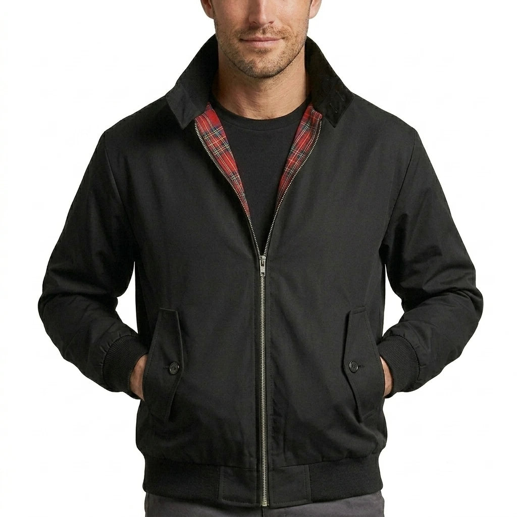Men's Harrington jacket black relaxed fit full-zip front view