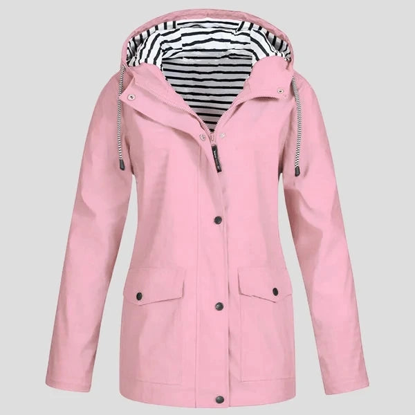 Pink insulated windbreaker jacket laid flat showing back panel and adjustable hood