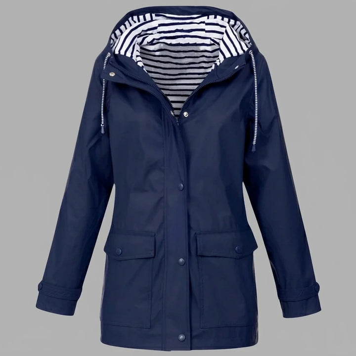 Pink waterproof insulated jacket flat lay showing full front zipper and storm flap