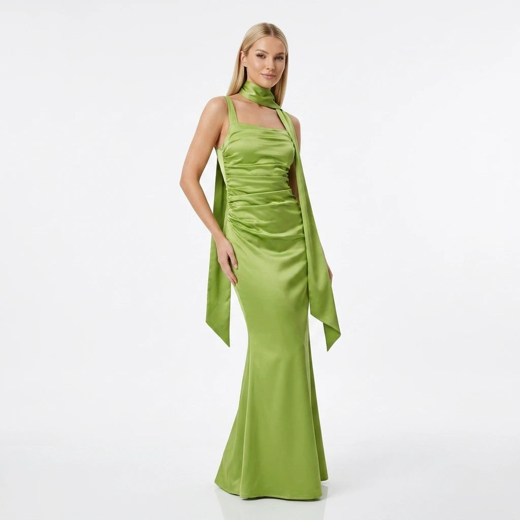 Women's satin maxi dress wedding guest style – square neckline, spaghetti straps, full-length front view