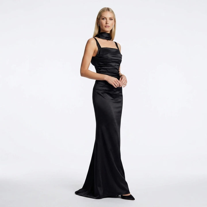 Women's ruched waist satin maxi dress – evening and wedding guest formal style
