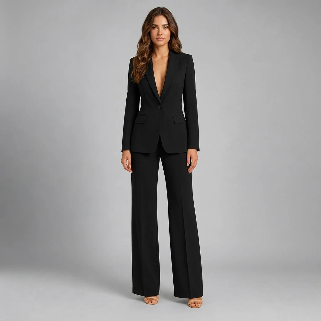 Women's tailored blazer and wide-leg pants set side profile view