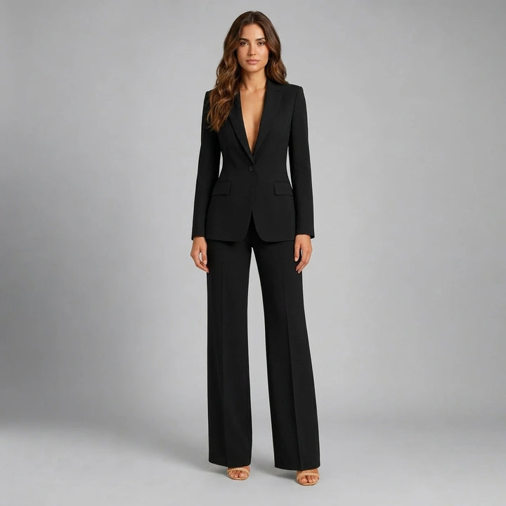 Women's tailored blazer and wide-leg pants set side profile view