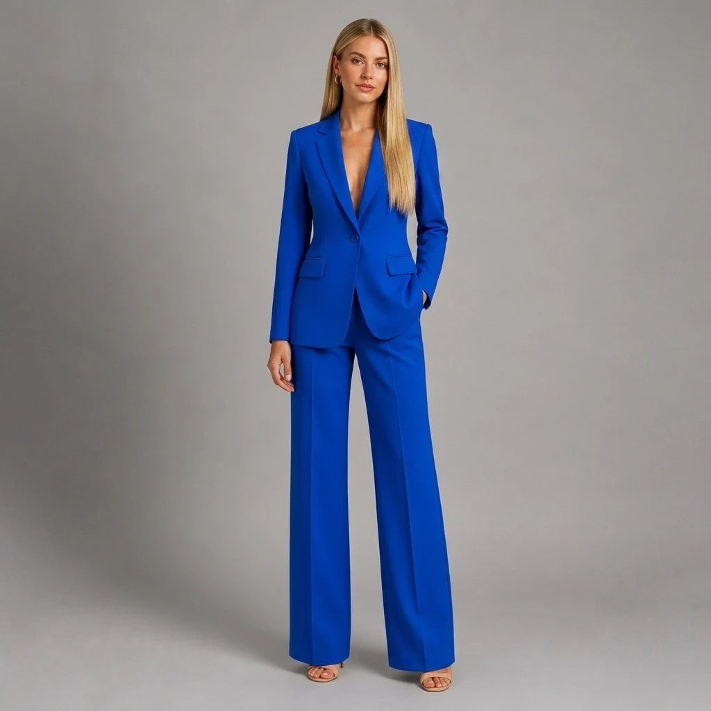 Women's blazer and pants set side profile view, long-sleeve detail