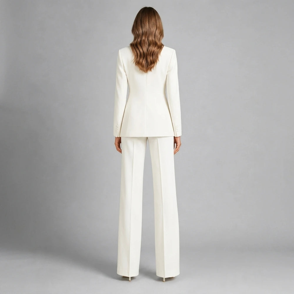 Tailored women's blazer and wide-leg pants set, model front view