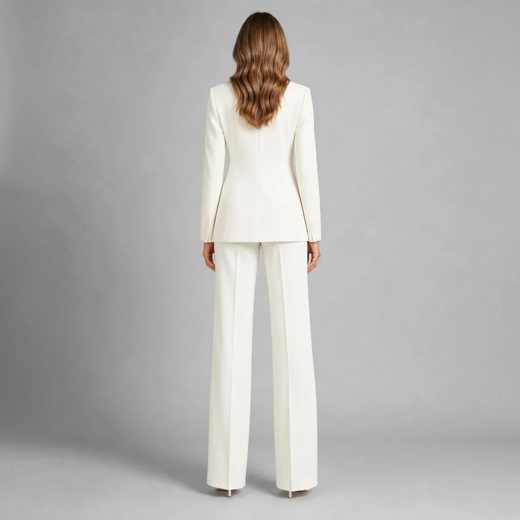 Tailored women's blazer and wide-leg pants set, model front view