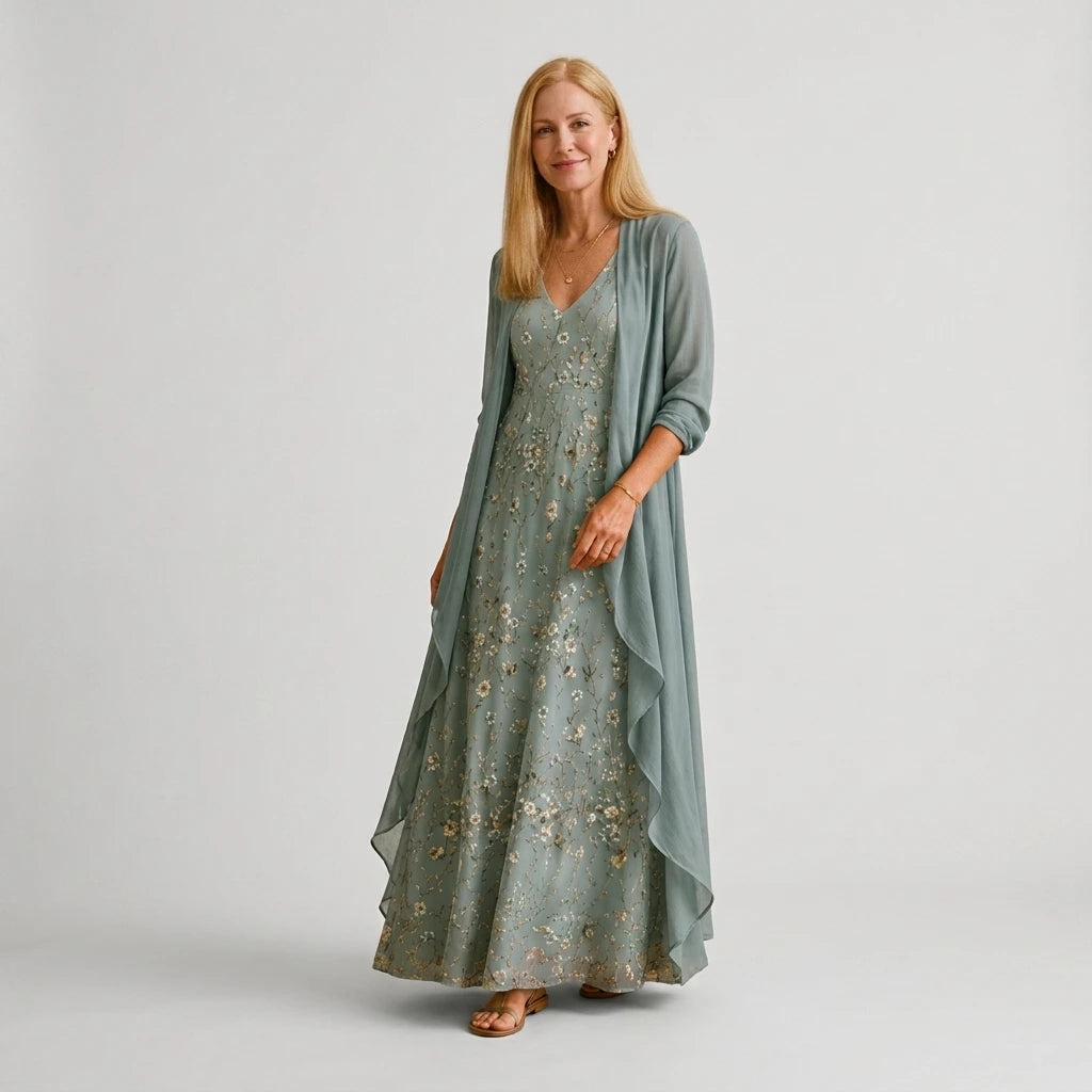 Floral embroidered maxi dress and chiffon jacket 2-piece set, sage blue, full front