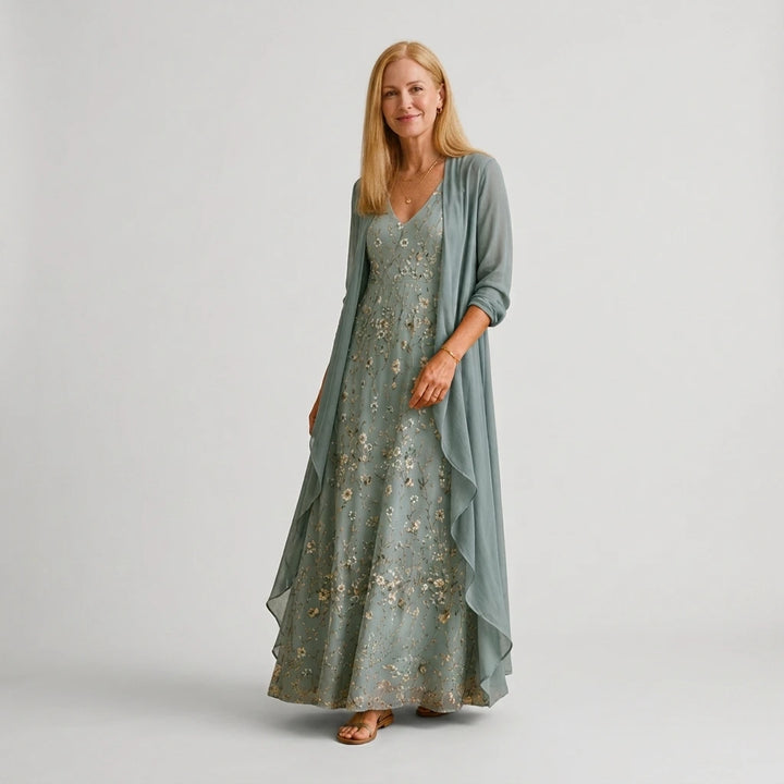 Floral embroidered maxi dress and chiffon jacket 2-piece set, sage blue, full front