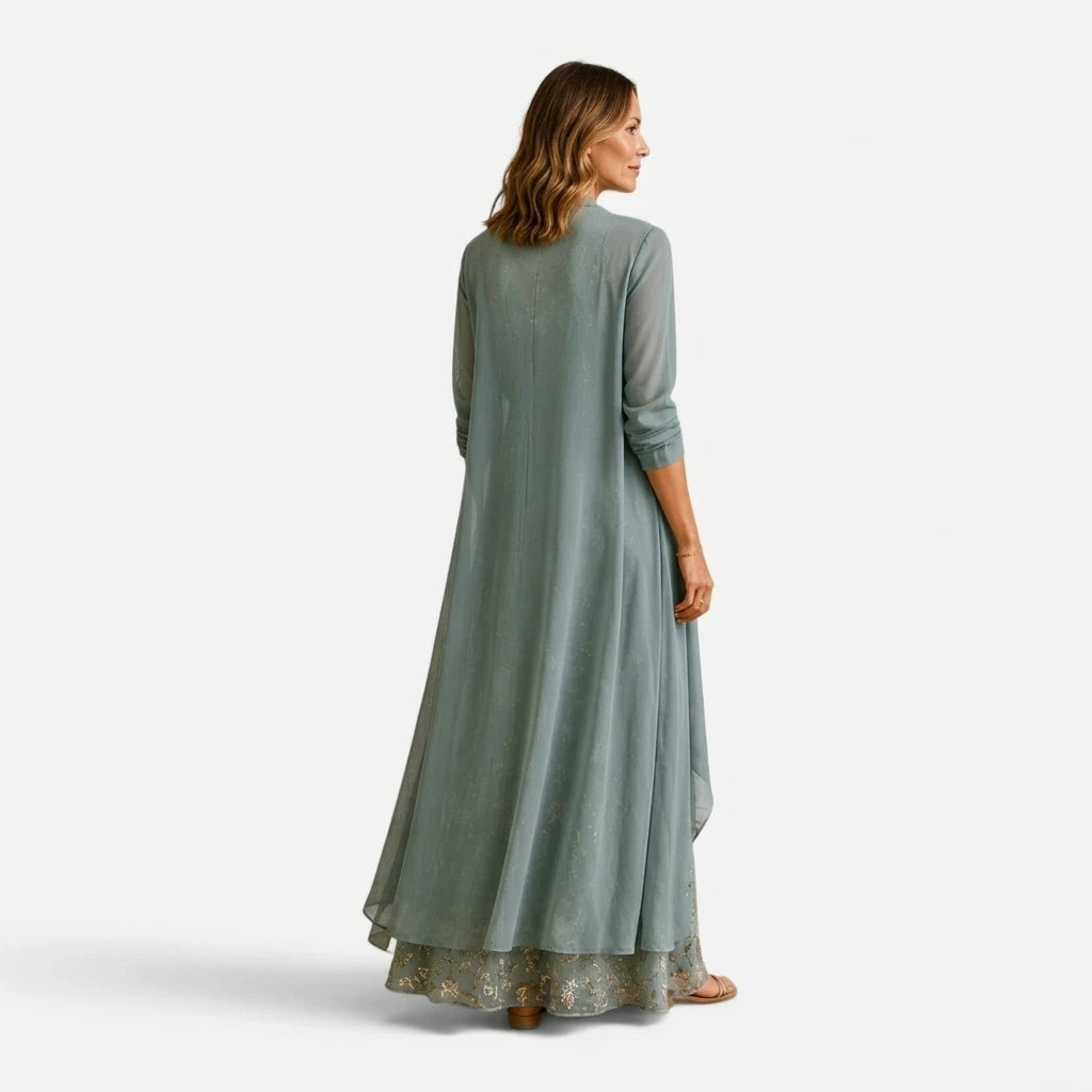 Floral embroidered maxi dress with open-front chiffon jacket, sage blue, back view