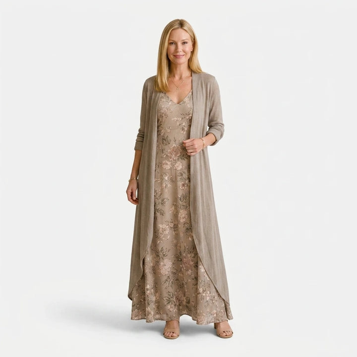 Floral embroidered maxi dress and chiffon jacket 2-piece set, taupe, front view