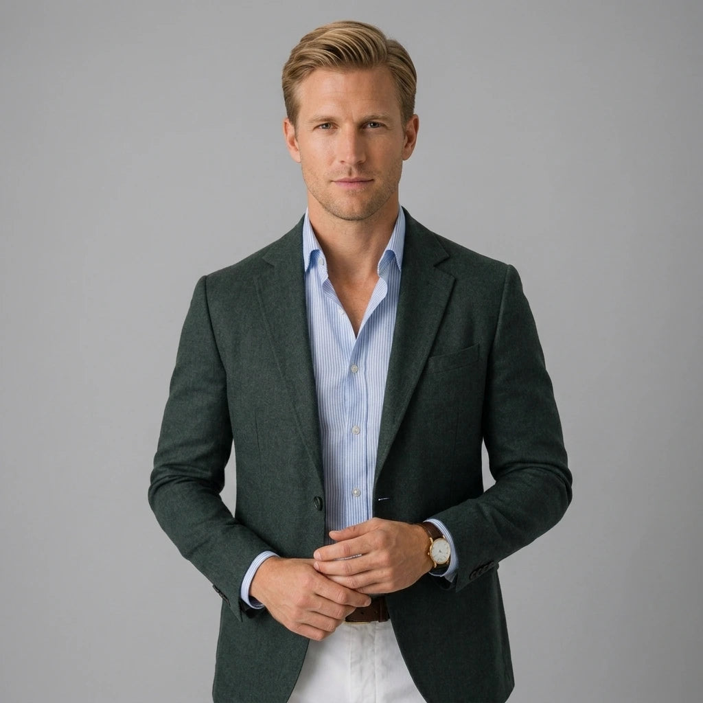 Men's blue knit blazer, notch lapel two-button, front view