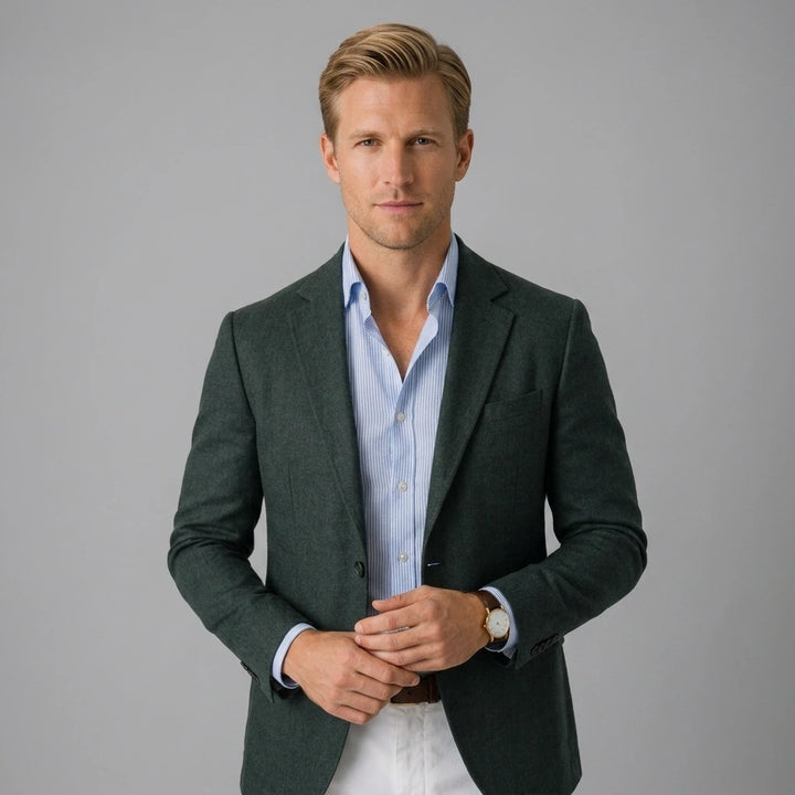 Men's blue knit blazer, notch lapel two-button, front view