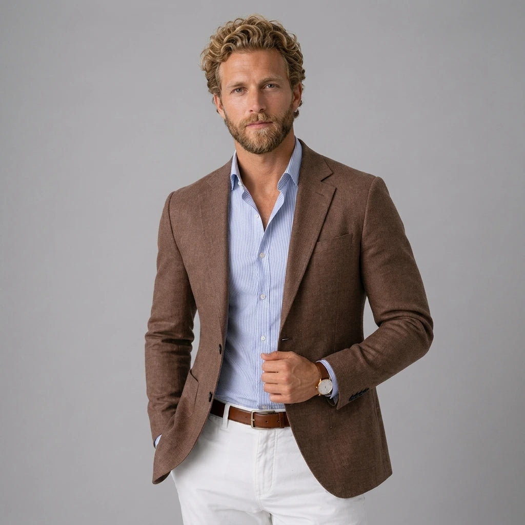 Men's olive knit blazer, two-button lapel front
