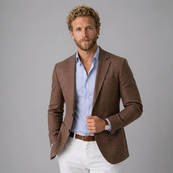 Men's olive knit blazer, two-button lapel front