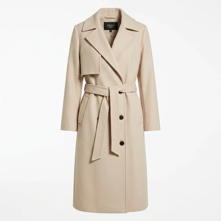 Women's long double-breasted belted coat in beige, flat lay
