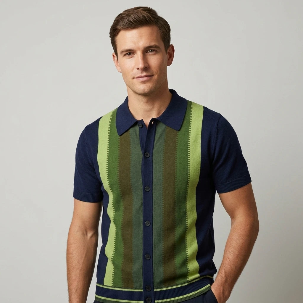 Men's short-sleeve striped knit polo in navy and green, front view