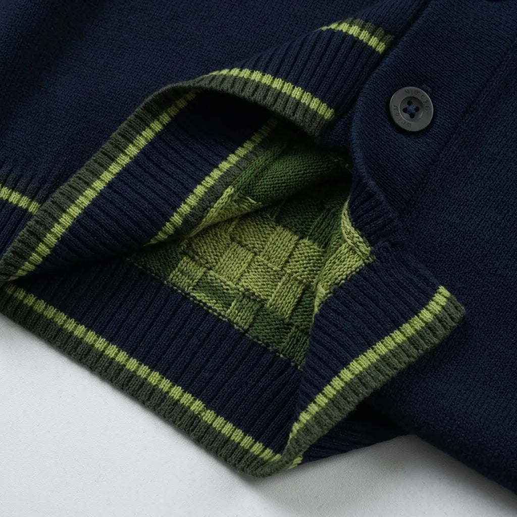 Detail close-up of sleeve cuff and ribbed hem on striped knit polo in navy and green