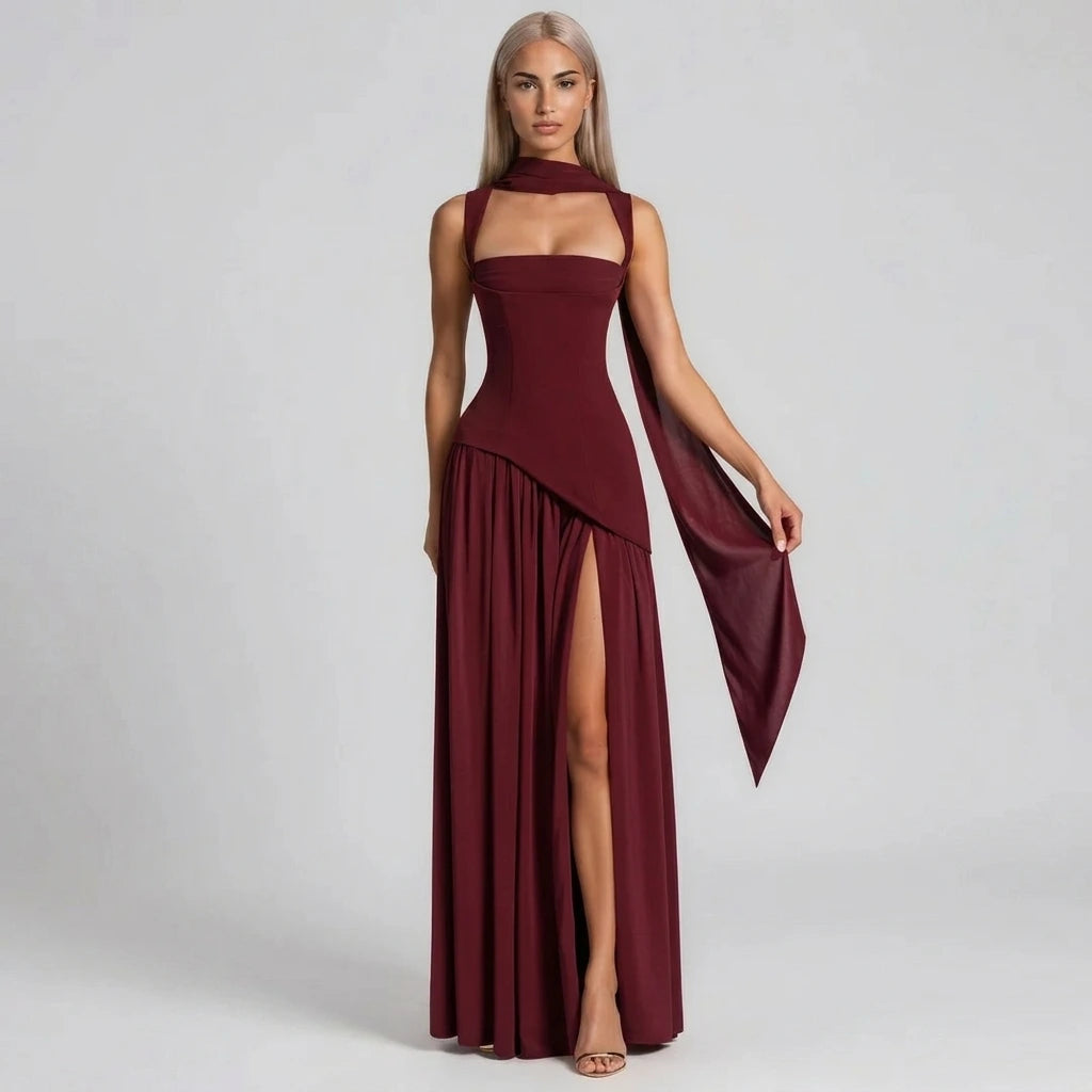 Slim-fit maxi dress with V-neck and high waist, side view