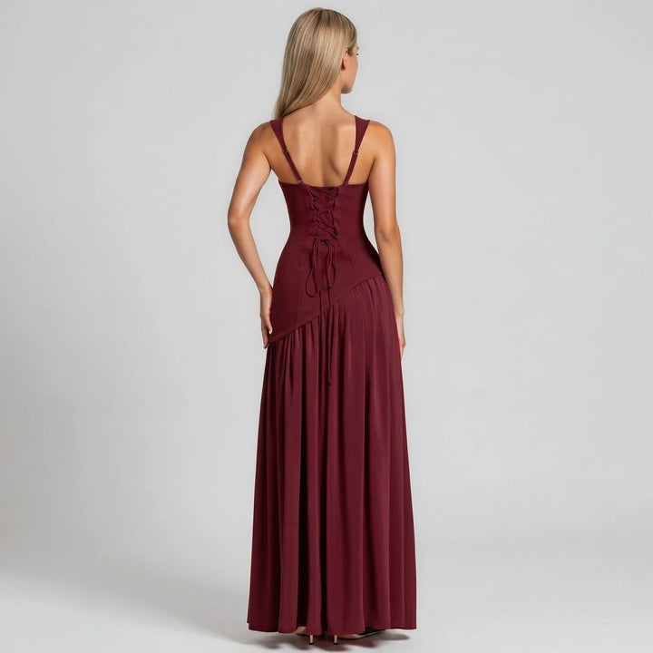 Wine-colored maxi dress with slit, back detail view