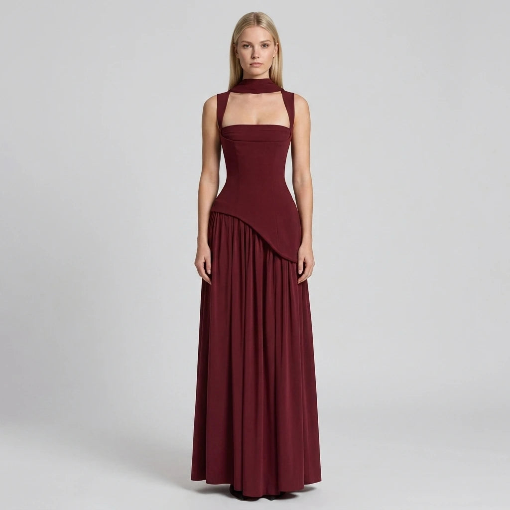 Women's V-neck sleeveless maxi dress in wine, front view