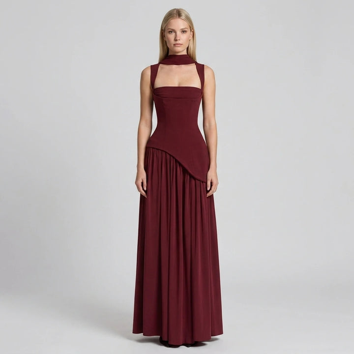 Women's V-neck sleeveless maxi dress in wine, front view