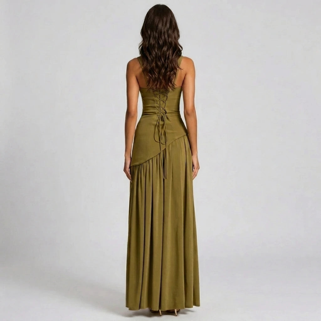 V-neck maxi dress with slit detail, back view