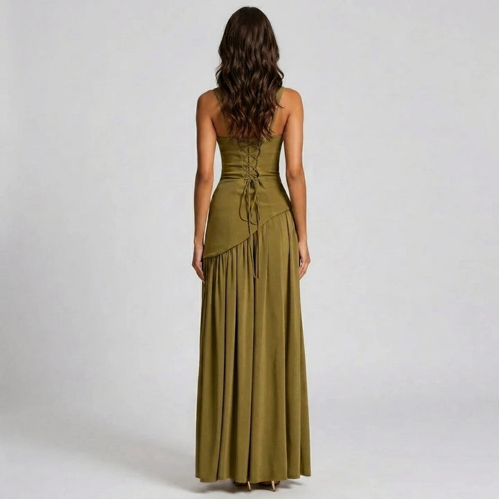 V-neck maxi dress with slit detail, back view