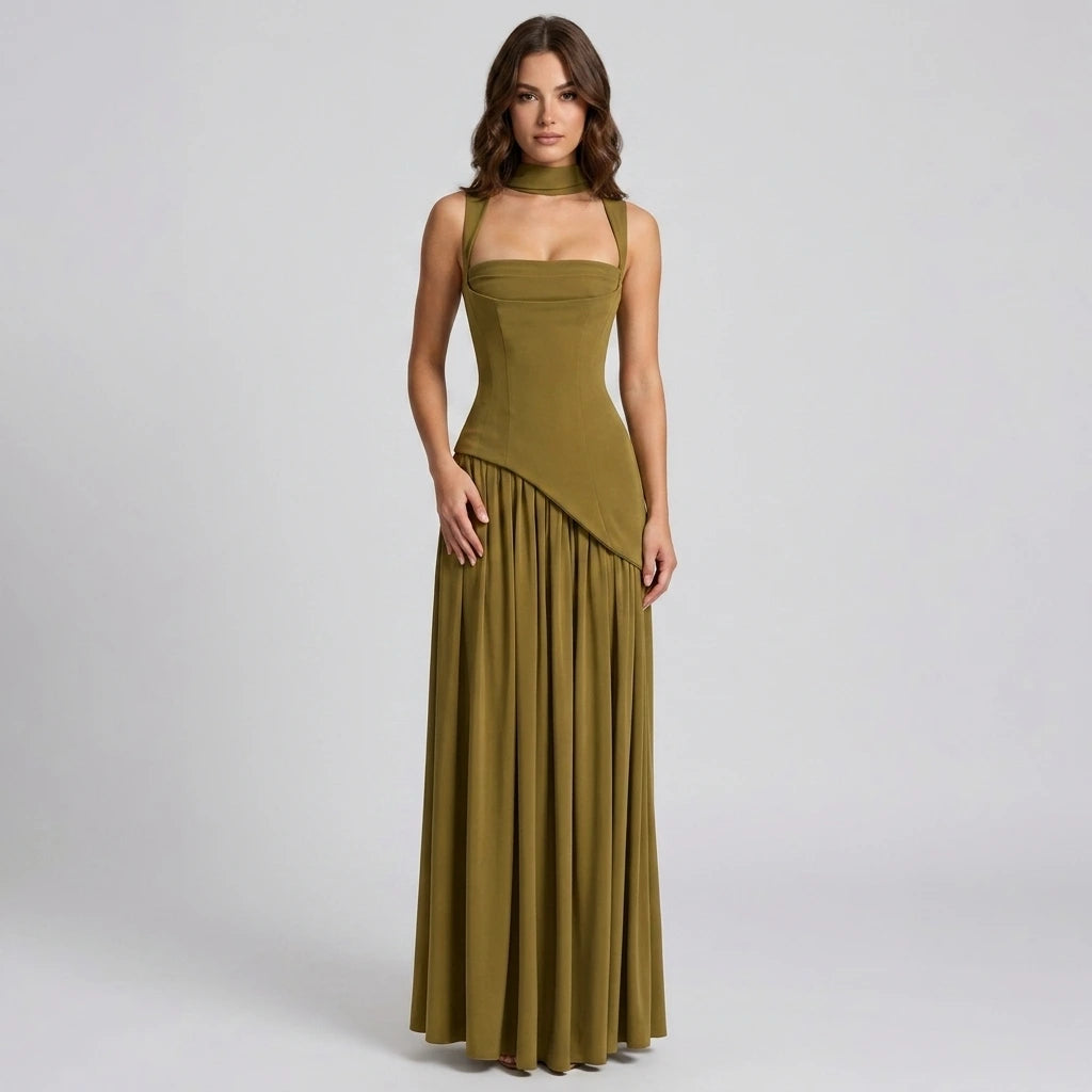 Women's sleeveless V-neck high-waist maxi dress in olive, front view